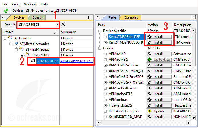 keil install software pack for STM32