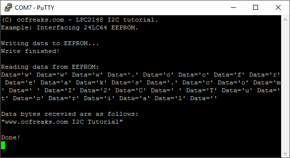 I2C 24LC64 EEPROM Interface lpc214x example output screenshot