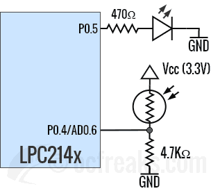 LPC214x LDR Interfacing Example 2 Schematic